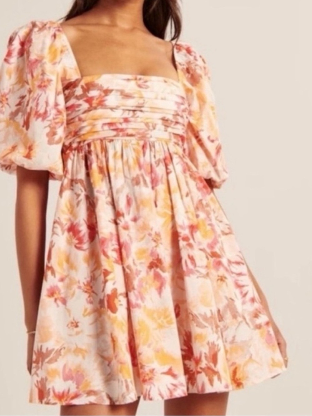 Abercrombie Floral Puff Sleeve Mini Dress - Peach & Coral